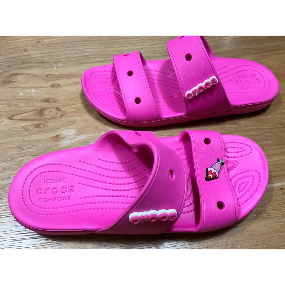 Crocs Classic Sandal Electric Pink Two Strap Slide Women 11 Men 9 Jibbitz